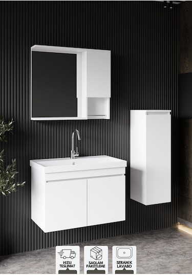 Karen Banyo Deniz 80 Cm Lavabolu, Aynalı Banyo Dolabı, Lavabo Dahil, Boy Dolabı Dahil, Beyaz