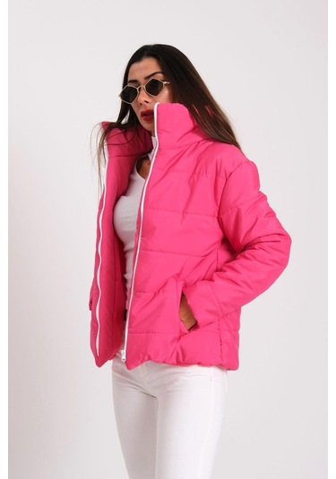 Kadın Fuşya Dik Yaka Su Geçirmez Tasarım Şişme Mont-fuşya Fuşya