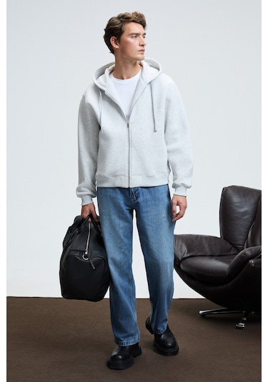 ASHBY Erkek Kapüşonlu Fermuarlı Cepli Kordonlu Regular Fit Grimelanj Sweatshirt