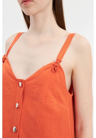Stella Pulvis Turuncu Askılı Keten Mini Elbise Turuncu