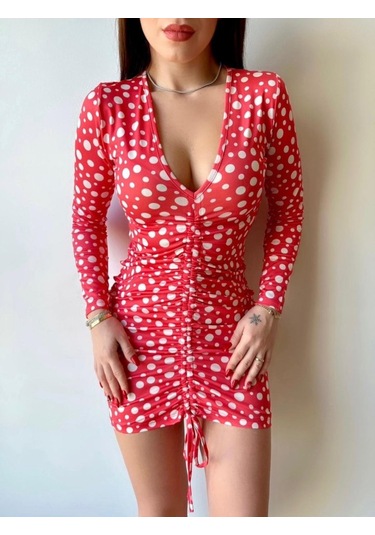 Tua Moda Kadın V Yaka Önü Asansör Büzgü Detay Fırsat Ürün Puantiyeli Mini Elbise Kırmızı - Beyaz