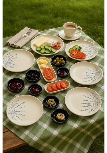 Seramık 6 Kısılık Pamuk Çiçeği 14 Parca Seramık Kahvaltı Takımı Beyaz