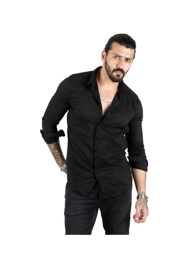 Deepsea Erkek Siyah Slim Fit Dar Kesim Dokulu Spor Gömlek Likralı Pamuklu Esnek Kumaş Gömlek 2001810 Siyah