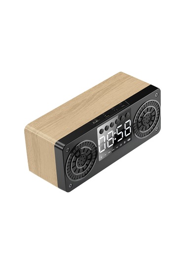 Springsun A10 Müzik Çalar Saat - Bluetooth 5.0 Radyo, Tf Kart, Usb, Aux Destekli Led Ekranlı Hoparlör - Sarı Ahşap Desen