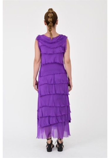 Italyan 2 Beden İnce Gösteren Kat Kat Kolsuz Ipek Elbise Kmor