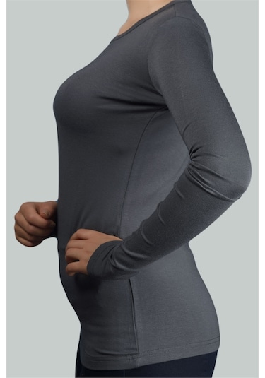 Altobeh Uzun Kol Bisiklet Yaka Likralı Penye Kadın Body - Füme