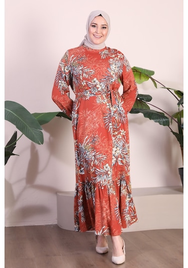 Kadin Büyük Beden Elbise Palmiye Desenli Viskon Elbise 001