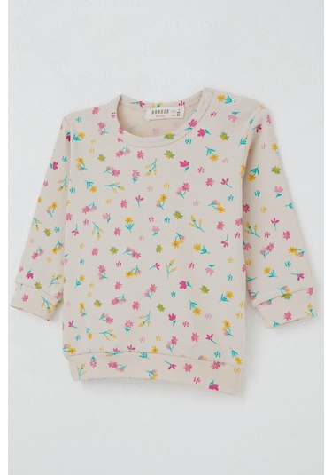 Breeze Kız Bebek Pijama Takımı Omuzdan Patlı Renkli Çiçek Desenli 4 Ay-1 Yaş, Krem Krem