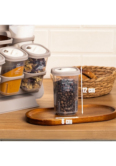 Porsima 5340 8li Etiketli Asmalı Kendinden Yapışkanlı Tezgah Üstü Standlı Döner Kapaklı Baharatlık Seti Cappuccino-krem-350ml