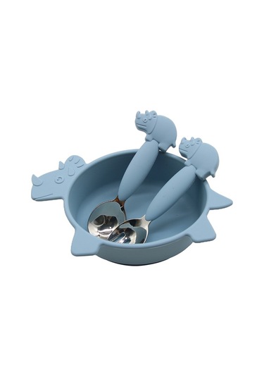 Jianfan Karikatür Mama Kasesi Seti Bebek Silikon Kaşık Çatal Paslanmaz Çelik Mavi Mavi