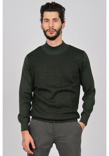 Woolman Erkek Desenli Yarım Balıkçı Yün Kazak 1571054 Yeşil Yeşil Beyaz
