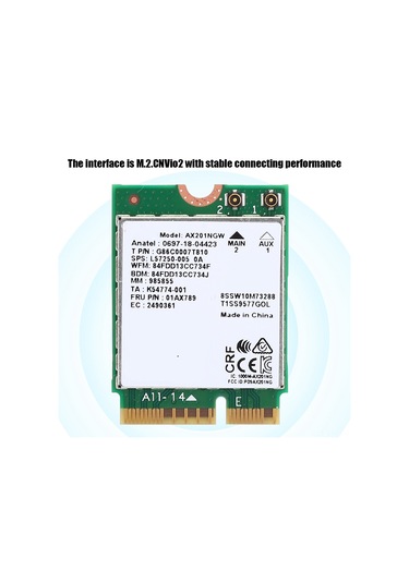 Yaleker Ax201ngw M.2 Cnvio2 Ağ Kartı, Wi-fi 6 2.4 Gbps, 2.4/5 Ghz Çift Bant, Bluetooth 5.0, Windows 10 X64 Desteği