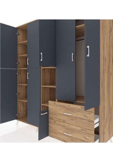 Kronos Dolap 12 Raflı 2 Çekmeceli Tek Askılı 220x59x243 Çam-antrasit/çam Antrasıt/atlas Çam