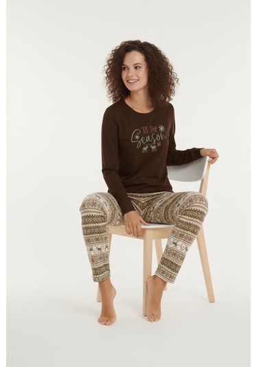 Luxury Thermal Season Geyik Desenli Kadın Polar Kışlık Pijama Takımı 42059 Kahverengi
