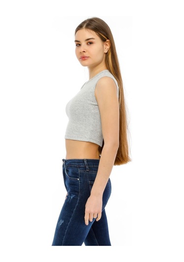 Bella Dossi Rahat Gri Kaşkorse Kolsuz Sıfır Yaka Kadın Crop Top Gri