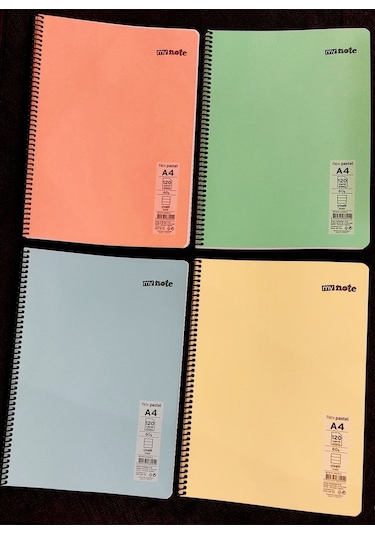 4 Adet Pastel Renk 120 Yaprak Çizgili Telli A4 Büyük Boy Defter 60gr Beyaz Kağıt Çok Renkli