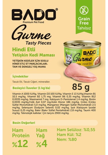 Bado Gurme Yaş Yetişkin Kedi Maması Hindi Etli 85 Gr