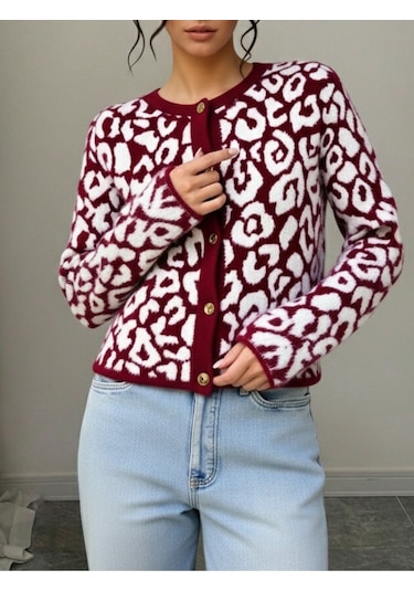 Newco Trend Moda Leopar Desen Bordo Crop Triko Örme Hırka - Bordo Bordo