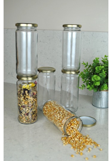 6 Adet Metal Gold Altın Kapaklı Konserve 500 Cc Şeffaf Uzun Cam K