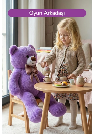 80 Cm Büyük Boy Yumuşak Papyonlu Oyuncak Ayıcık Mor