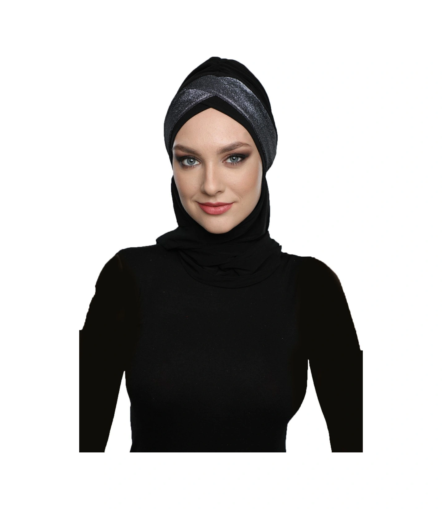 Çapraz Pike Atkılı Astarlı Siyah-gümüş Hazır Türban Tesettür Bone Siyah-gümüş