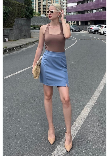 Madmext Mavi Yüksek Bel Önden Yırtmaçlı Kısa Etek Mg2086 Mavi