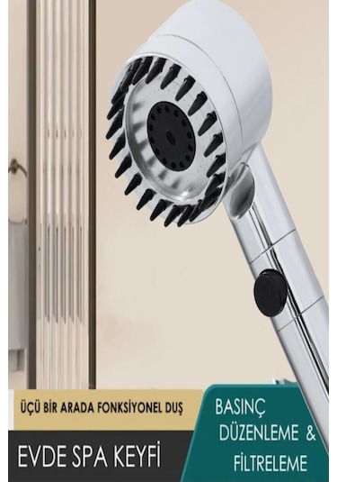 Masajlı Filtreli 3 Kademeli Krom Duş Başlığı Yapışkan Mafsallı Hortumlu Duş Seti Gri