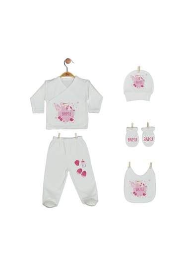 Pia Baby 2005 İsme Özel Leylekli Beşli Zıbın Set Krem