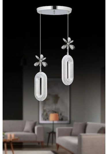 Led Alfa 2'li Gümüş 3 Renk Ledli Kristal Taşlı Modern Led Avize Krom