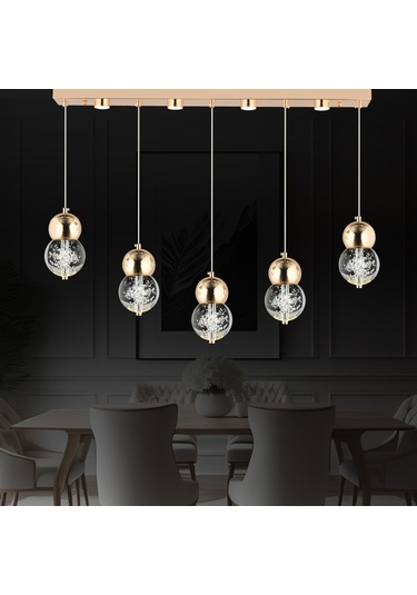 Sasha 5'li Sıralı 3 Renkli 57 Watt Gold Kristal Ledli Modern Oturma Odası Salon Sarkıt Avize Diğer