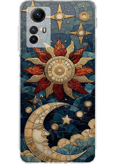 Printify Redmi Note 12s İle Uyumlu Vitray Sol Ve Luna Tasarımlı Şeffaf Silikon Kılıf Şeffaf