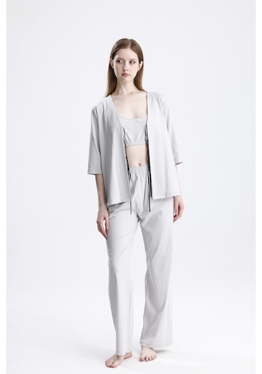 Laperissa Kadın Gri 3 Lü Ev Giyim Takımı Büstiyer, Pantolon Ve Bağlamalı Üst Gri