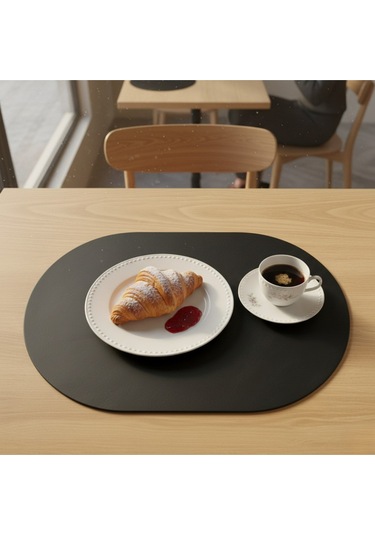 2 Adet Deri Siyah Tam Oval Amerikan Servis Supla 33x44 Cm-kolay Silinebilir Supla