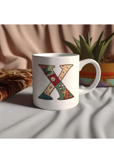 X Harfi Yılbaşı Temalı Kupa Bardak - Yeni Yıl Konsept Yamalı Efekt Tasarım - Noel Hediye Beyaz