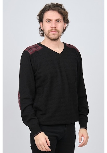 Desen Triko Erkek V Yaka Saf Yün Kazak 0246538 Siyah Siyah
