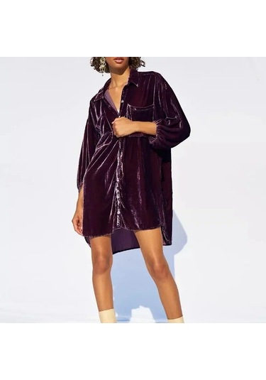 Sonbahar Gevşek Fener Kollu Uzun Gömlek Ofis Kadın Moda Kadın Gömlek Kış Altın Kadife Bluz Kadın Giysileri Tops 30091 Kahverengi