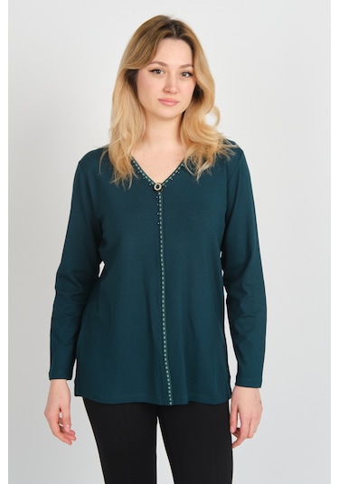 Detay Triko Kadın Boncuk İşlemeli Süs Düğme Detaylı Uzun Kol Anne Bluz 5752 Zümrüt Zümrüt