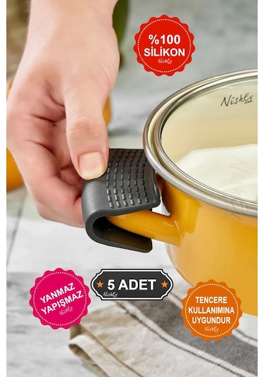 Nishev Yanmaz Yapışmaz Silikon Tencere Tutacağı Silikon Kulp Tutacak 5 Adet Çift Siyah