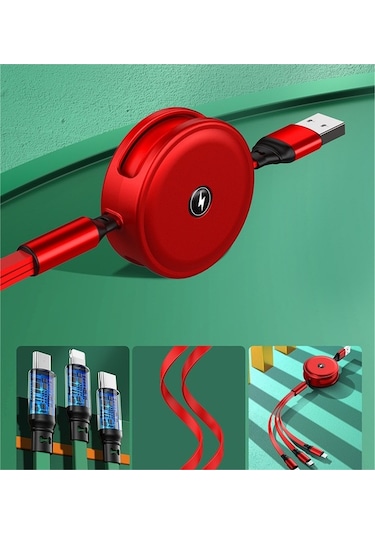 Pazly Çekilebilir 3'ü 1 Arada Usb Şarj Kablosu 1.2m Kırmızı - Kompakt & 2.5a Hızlı Şarj
