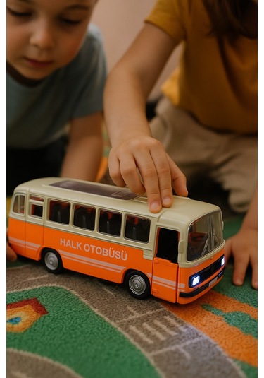 Nostaljik Halk Otobüsü 11 Cm Pilli Sesli Işıklı Kapısı Açılır Yumuşak Tekerlekli - Turuncu