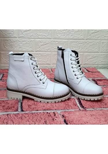 Voyager 8493 Beyaz Hakiki Deri Fermuarlı Bağcıklı Kaliteli Bayan