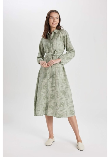 Defacto Gömlek Yaka Desenli Aerobin Uzun Kollu Kuşaklı Midi Elbise C2501AX24SMKH271