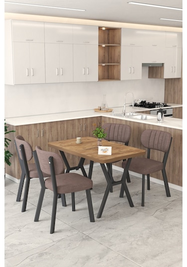 Gnr 70x110cm Sabit Atlantik Mutfak Masası Takımı, Yemek Masası, 4 Modern Kahverengi Sandalye Kahverengi