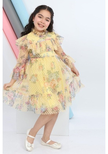 Kız Çocuk Tütülü Elbise Tül Kumaş Astarlı Bel Lastikli Rahat Zarif Elbise Kostüm Sarı