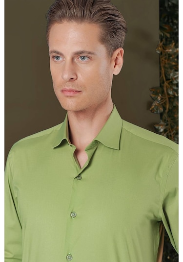 Gk 709 Slim Fit Açık Yeşil Klasik Gömlek Yeşil