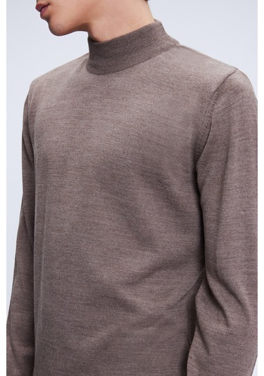 Vizon Regular Fit Düz Yarım Balıkçı Yaka Yünlü Triko Kazak Vizon