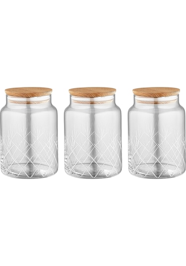 Selka Home - 3'lü Kesme Detaylı Ahşap Kapak Kavanoz 890 Ml