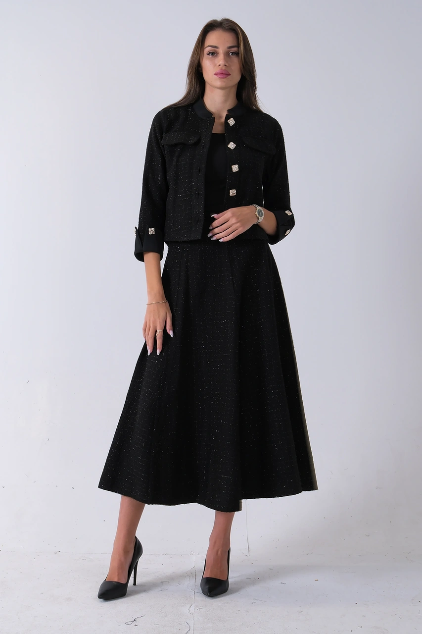 Feminist Siyah Önü Düğme Kapamalı Crop Ceket Etekli Tüvid Takım 45950601.01 Siyah