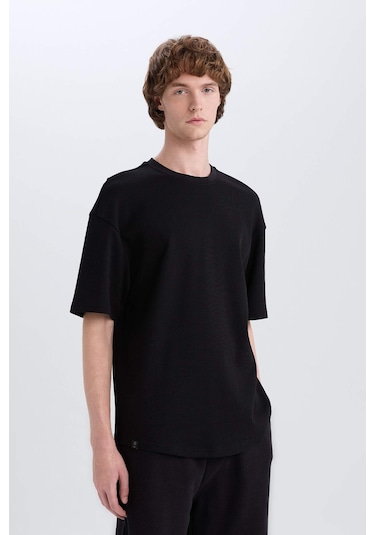 DeFacto Boxy Fit Bisiklet Yaka Kısa Kollu Basic Düz Waffle Siyah Tişört B4443AX24AUBK81