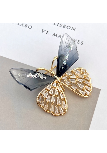 Broş Kadın Altın Kaplama Zirkon Taşlı Kelebek Yaka İğnesi Broş Si Altın -  Siyah